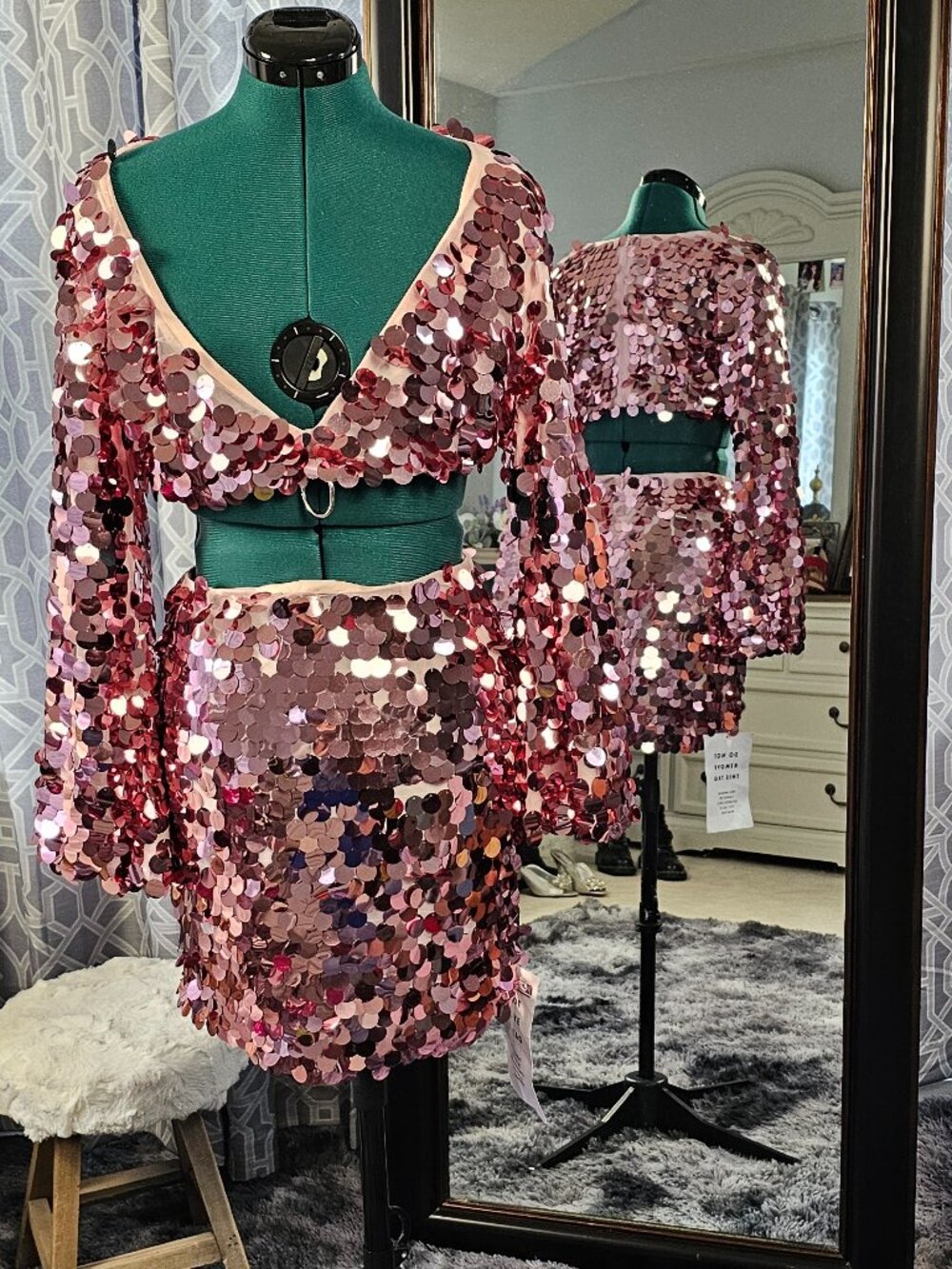 Collective the Label Petite Pink Disc Sequin Co‑Ord, Crop Top + Mini Skirt, Sz 4